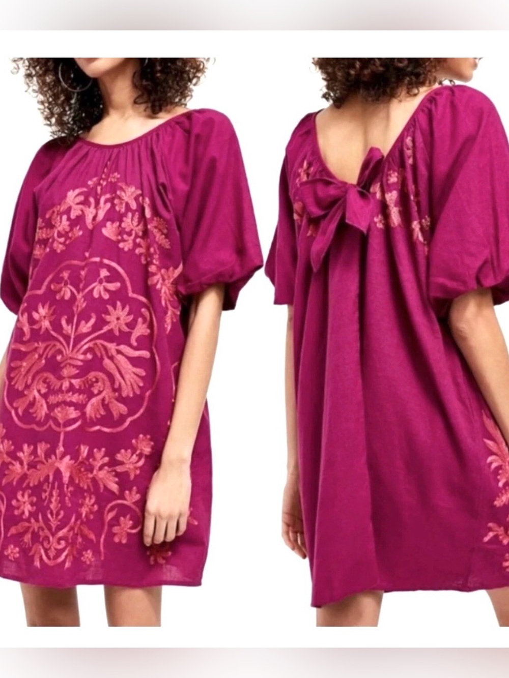 EUC Free People Fiona Purple Puff Sleeve Mini Dress embroidery Boho size M